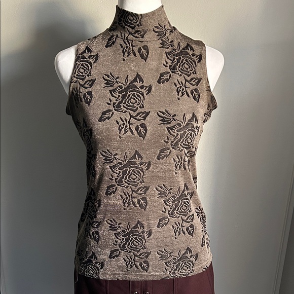Baranda Tops - Baranda Vintage Shimmer Floral Sleeveless Mock Neck Top